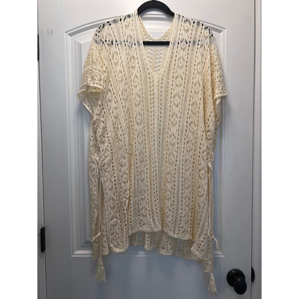 Women’s Short Sleeve Summer V-Neck Crochet Knitted Tassel Tie Swim Coverup Beige